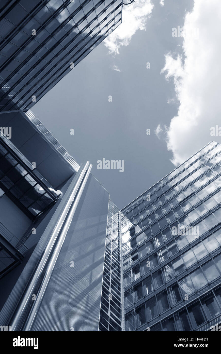 Office building, clouds, heavens, clouds, from below, monochrome, Stock Photo