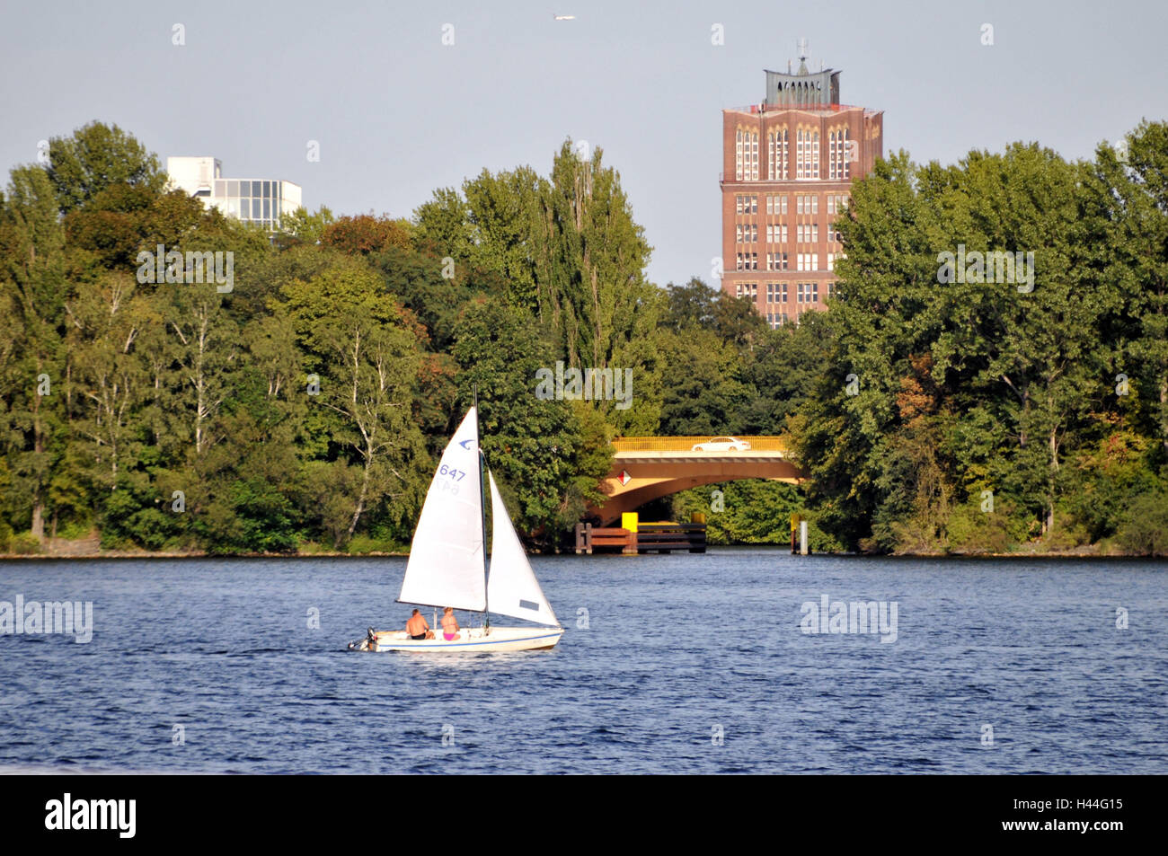 Tegeler See, sailboat, Borsig Dammbrücke, Borsigturm, Tegel, Berlin, Germany, Stock Photo