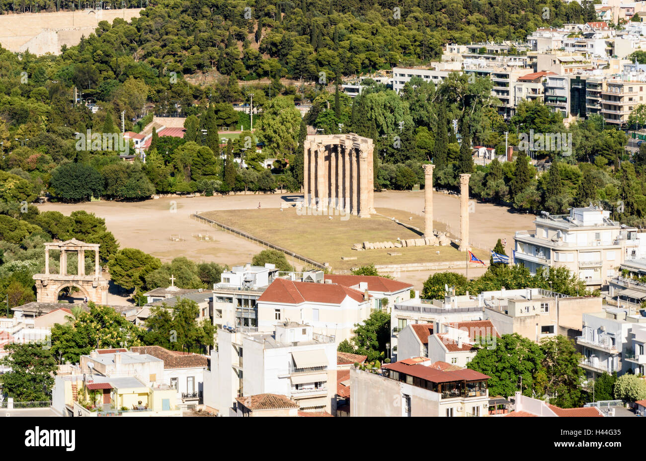 Birds-eye-view of the Arch of Hadrian and the Temple of Olympian Zeus, Athens, Greece Stock Photo