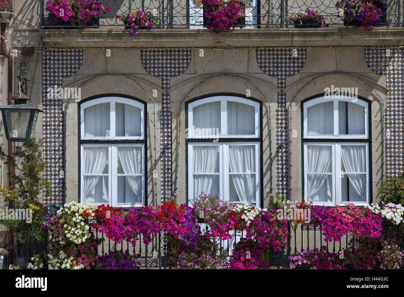 Portugal, Ponte de Lima, old town, house facade, balconies, balcony flowers, Stock Photo