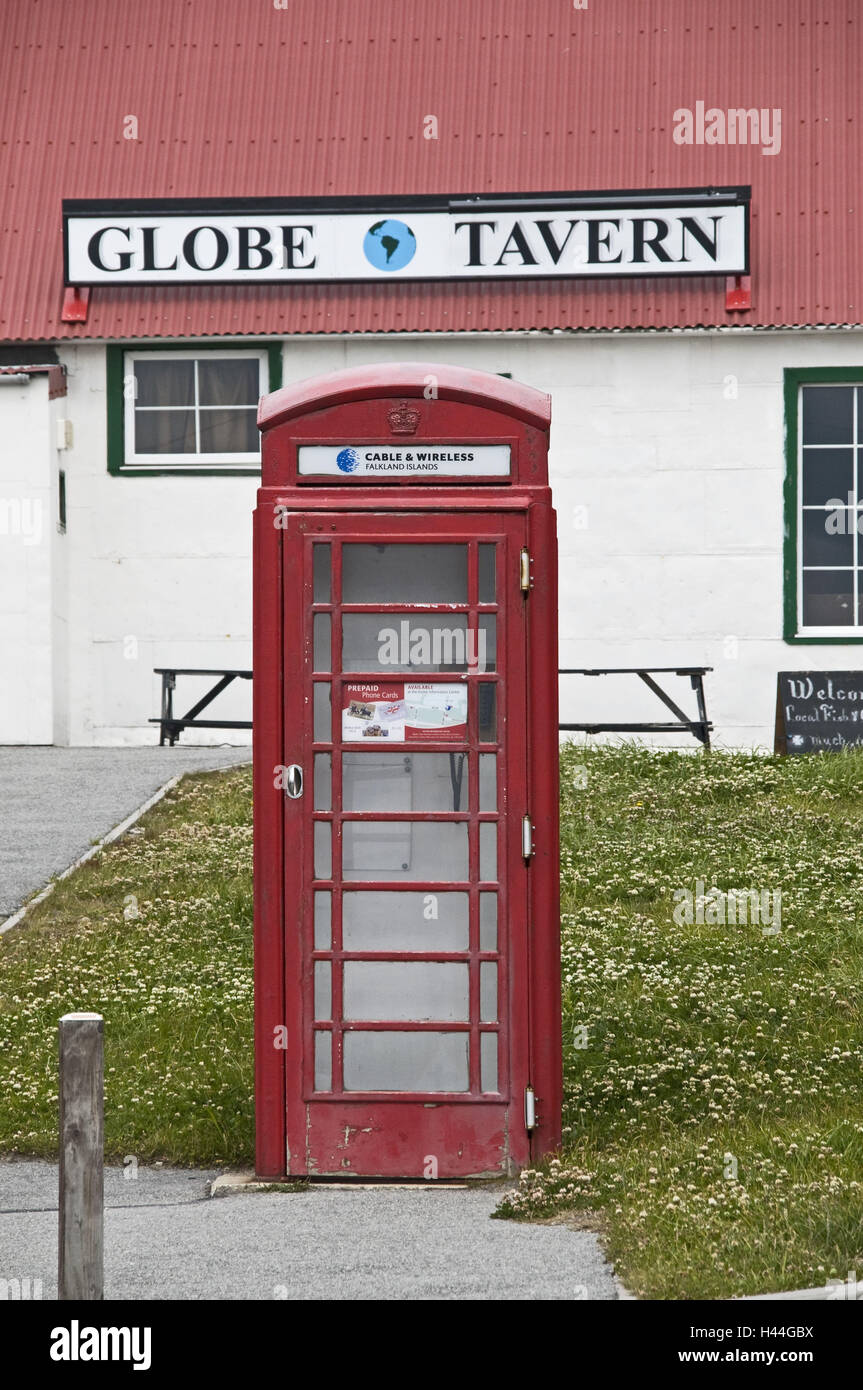 Great Britain, the Falkland Islands, port Stanley, telephone box, red, Stock Photo