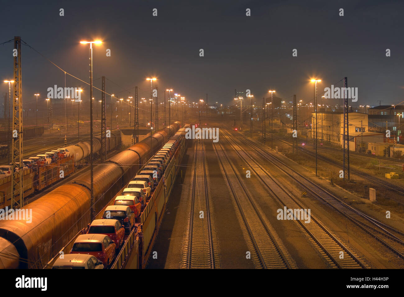 Tracks, freight trains, night photography, Stock Photo