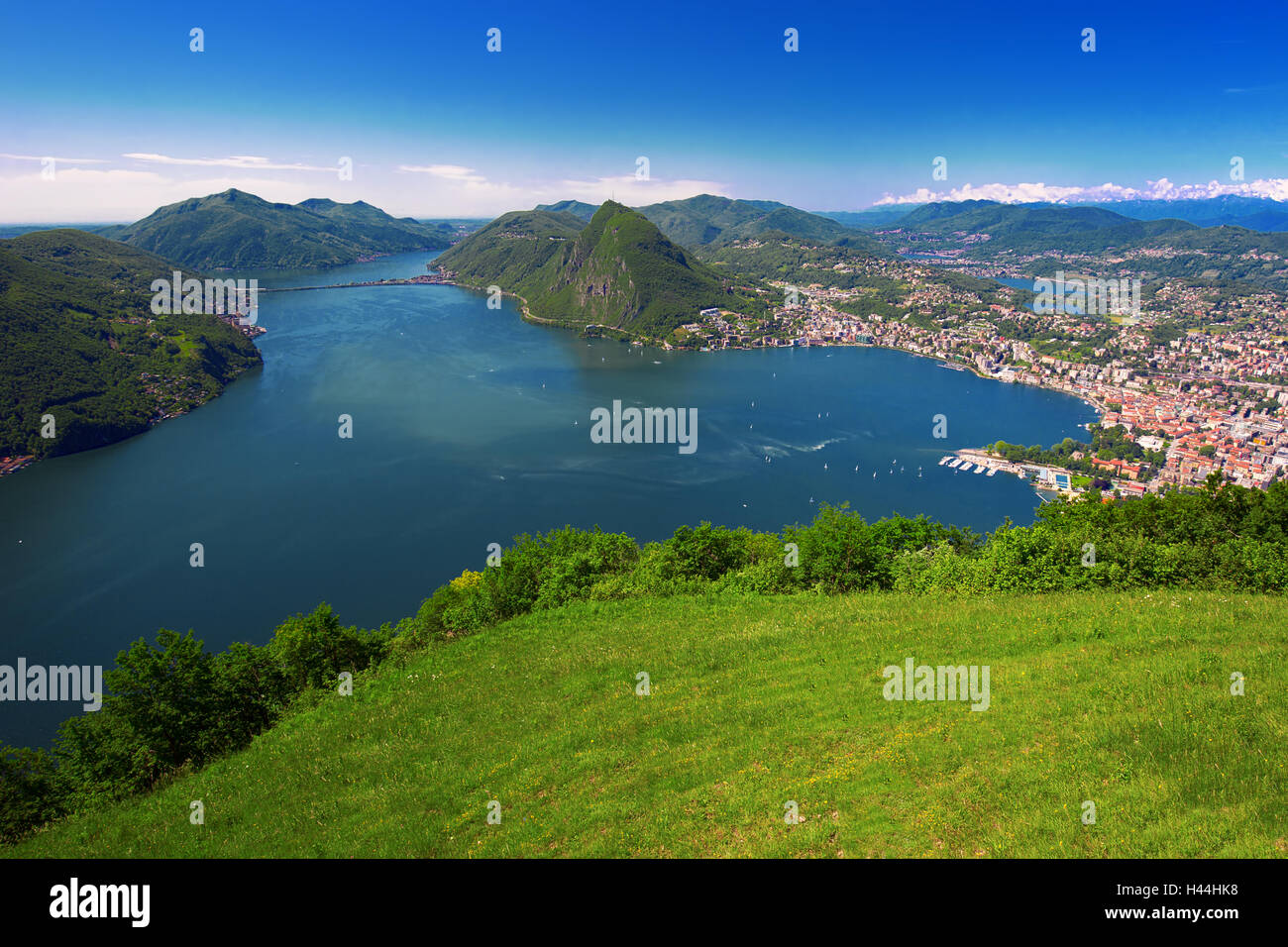 View to Lugano city, Lugano lake and Monte San Salvatore from Monte Bre, Ticino, Switzerland Stock Photo