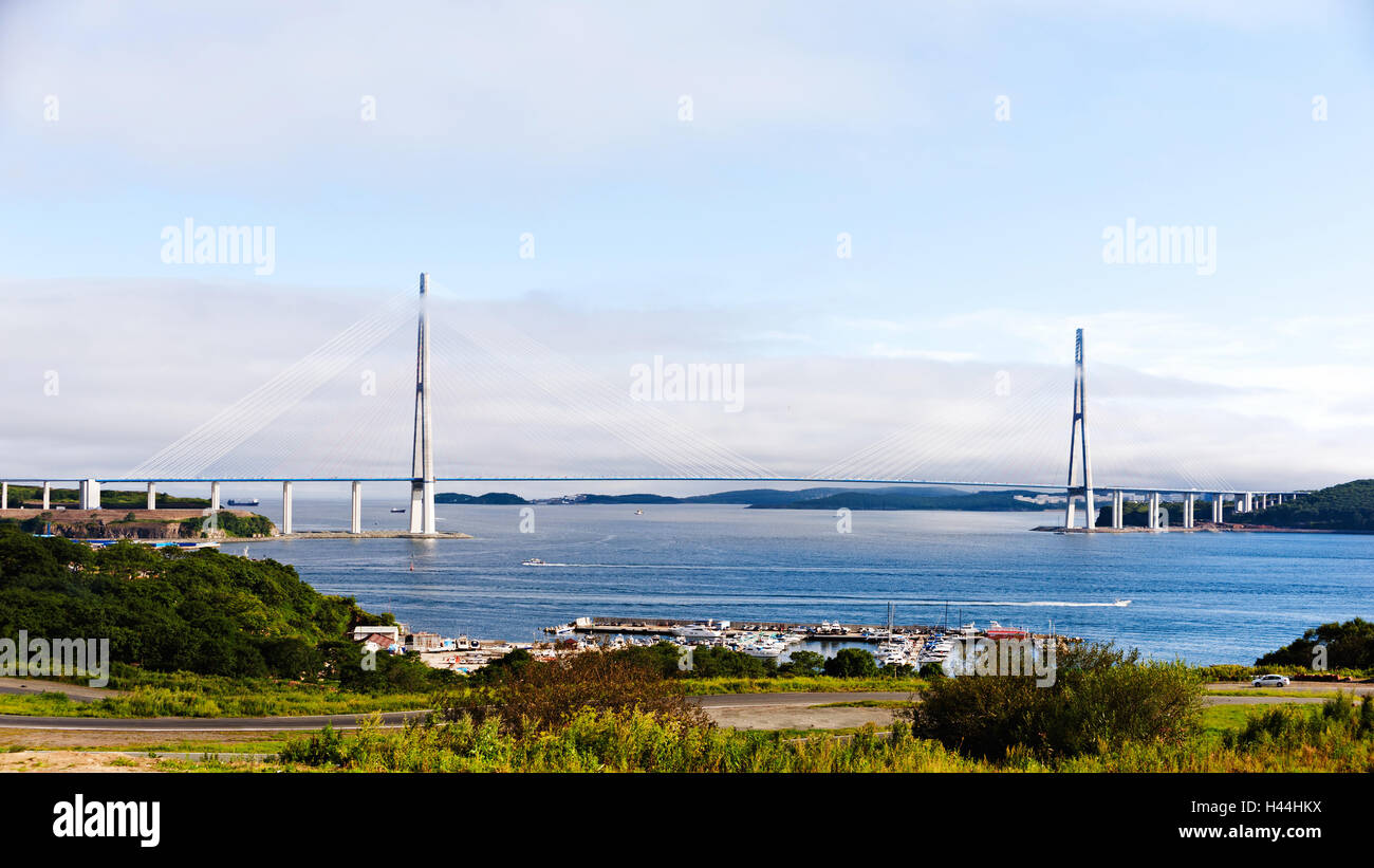 Longest cable-stayed bridge in the world to Russian Island. Vladivostok. Russia. Stock Photo