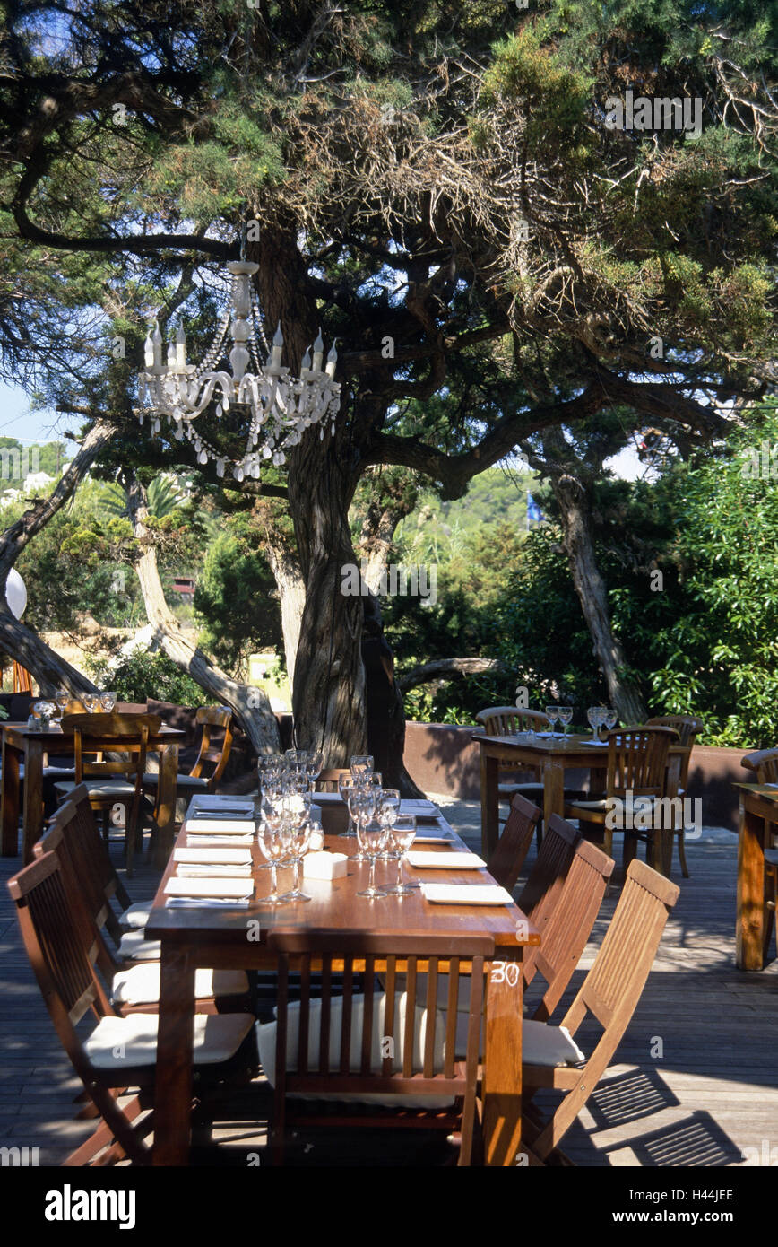 Ibiza, Cala the Jondal, table and chairs, restaurant, outside, Stock Photo