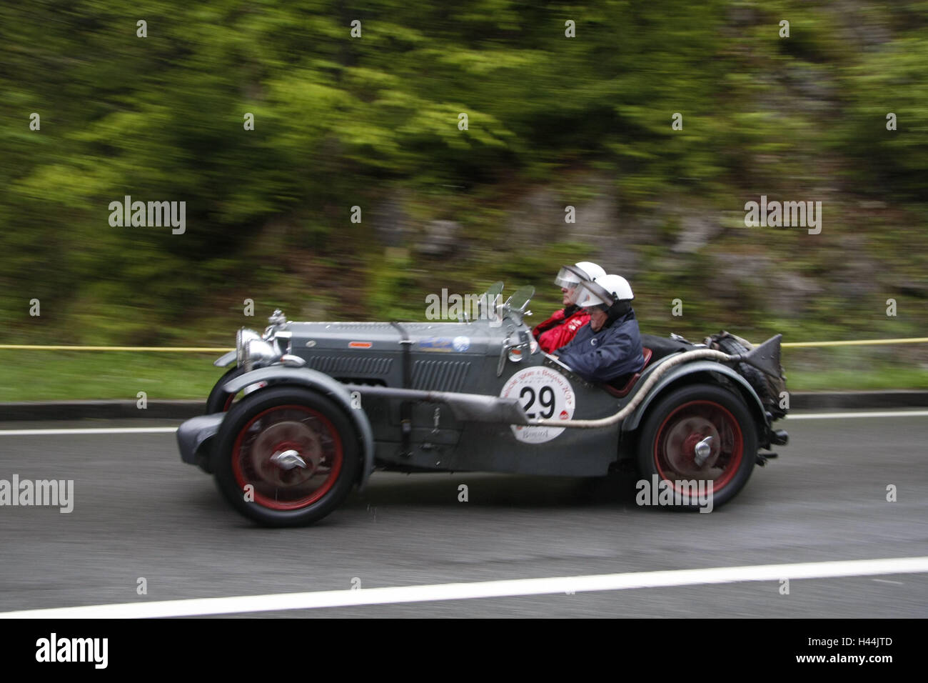 Boiler mountain race, old-timer car, MG J4, mountain passage, Germany, Bavaria, boiler mountain, mountain race, race, participant, old-timer race, historically, commemorative event, old-timer, vehicle, car, white, event, reminiscent journey, driver, drive Stock Photo