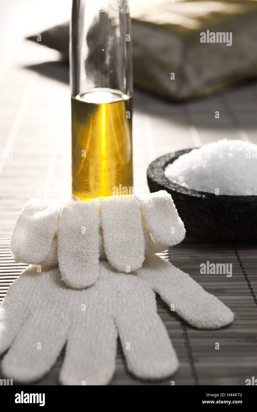 Body care product, bath salts, oil, gloves, Stock Photo