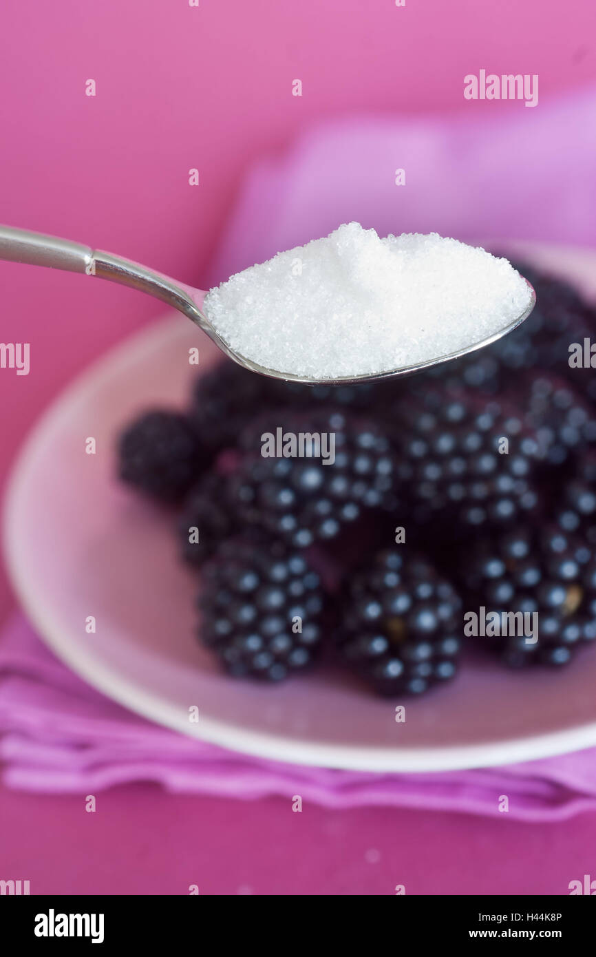 Blackberries, spoons, sugar, fruits, berries, ripe, überzuckern, sweetly, sweeten, dessert, rich in vitamins, Stock Photo
