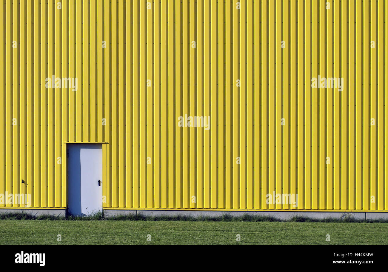 Hall, facade, yellow, detail, door,    Buildings, factory, factory, hall, camp buildings, metal facade, metal hall, patterns, strips, touched entrance, exit meadow Textfreiraum, Stock Photo