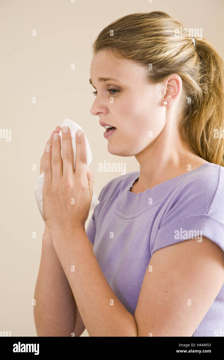 Woman, sneeze, handkerchief, allergy, cold, person, ill, coryza, disease, to walrus moustaches, portrait, infection, with of a cold, grip, inside, young, Stock Photo