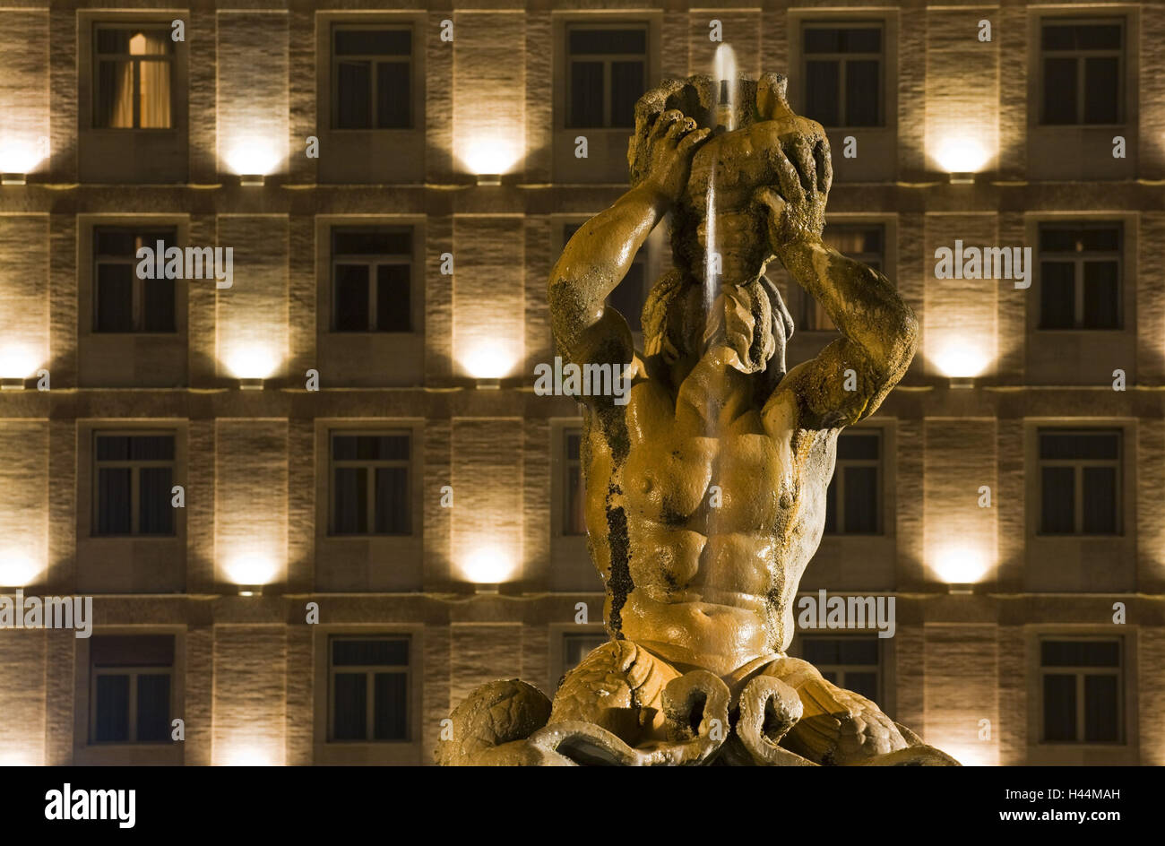 Italy, Rome, well, Fontana del Tritone, well figure, sea God, detail, lighting, night, Stock Photo