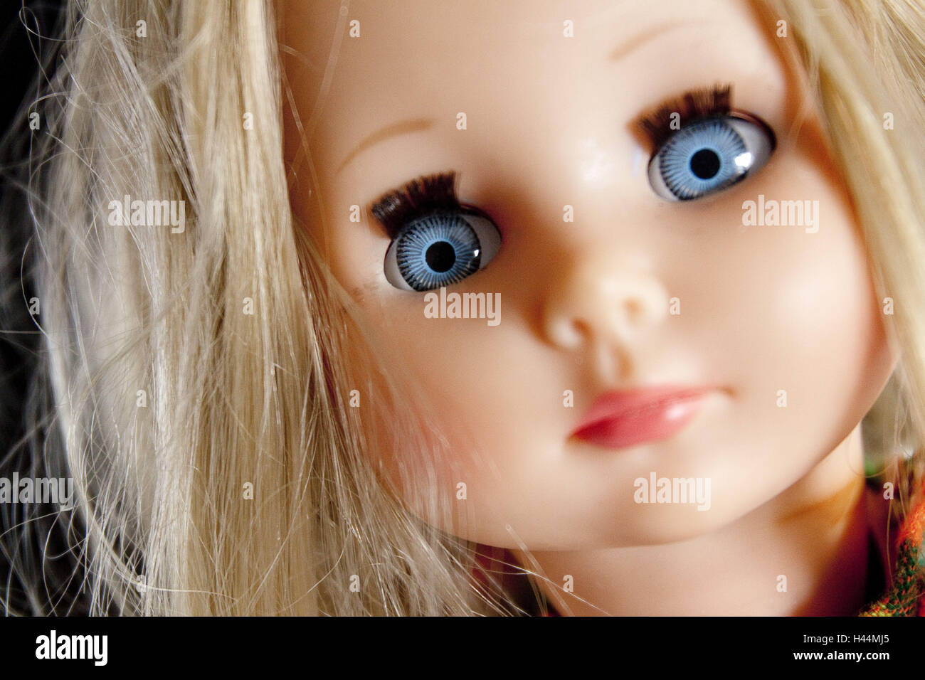 Doll, portrait, curled, doll look, look, toys, icon, childhood, eyes, blue, hairs, blond, Stock Photo