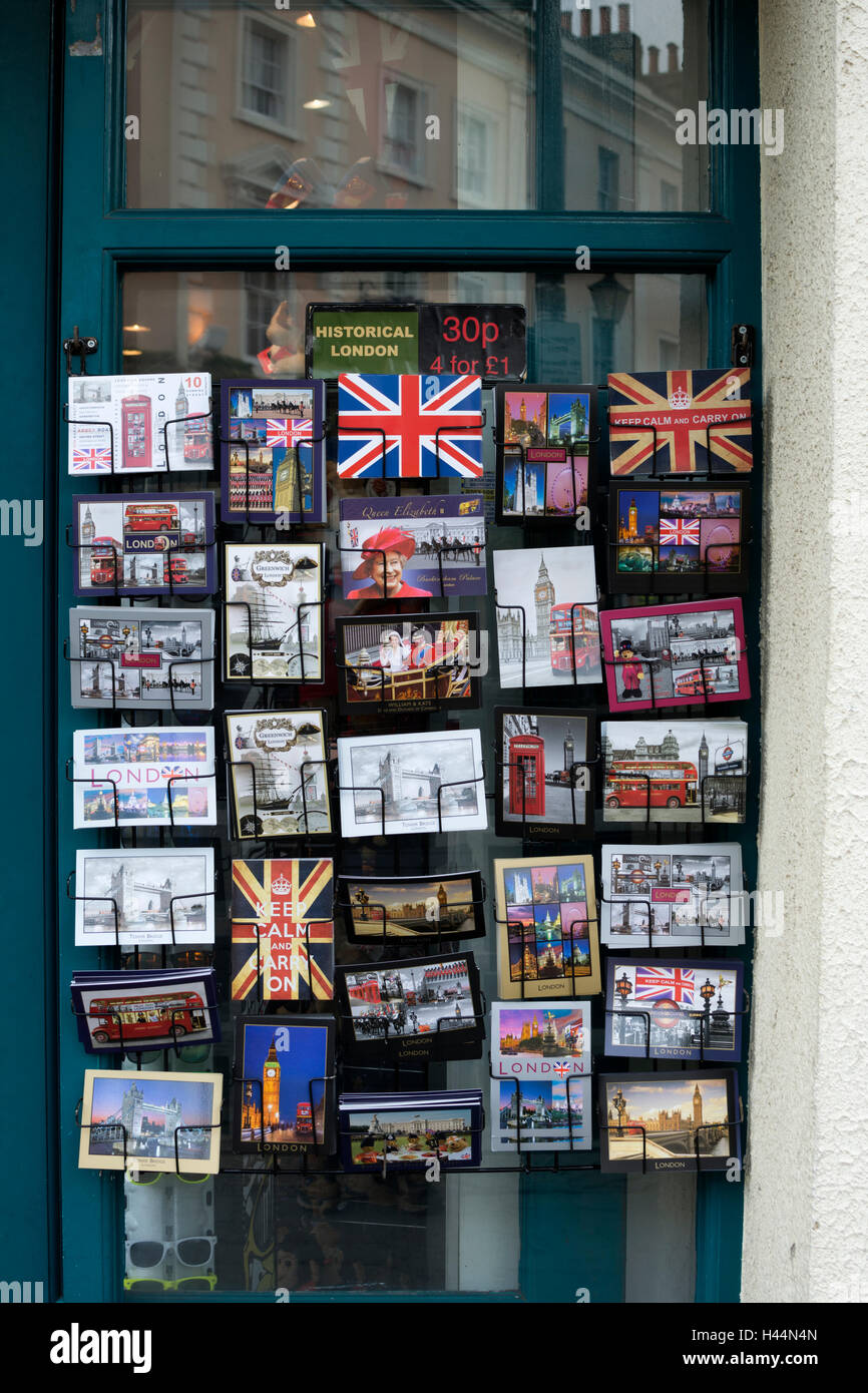 Post cards on sale outside shop, Greenwich, London, UK Stock Photo