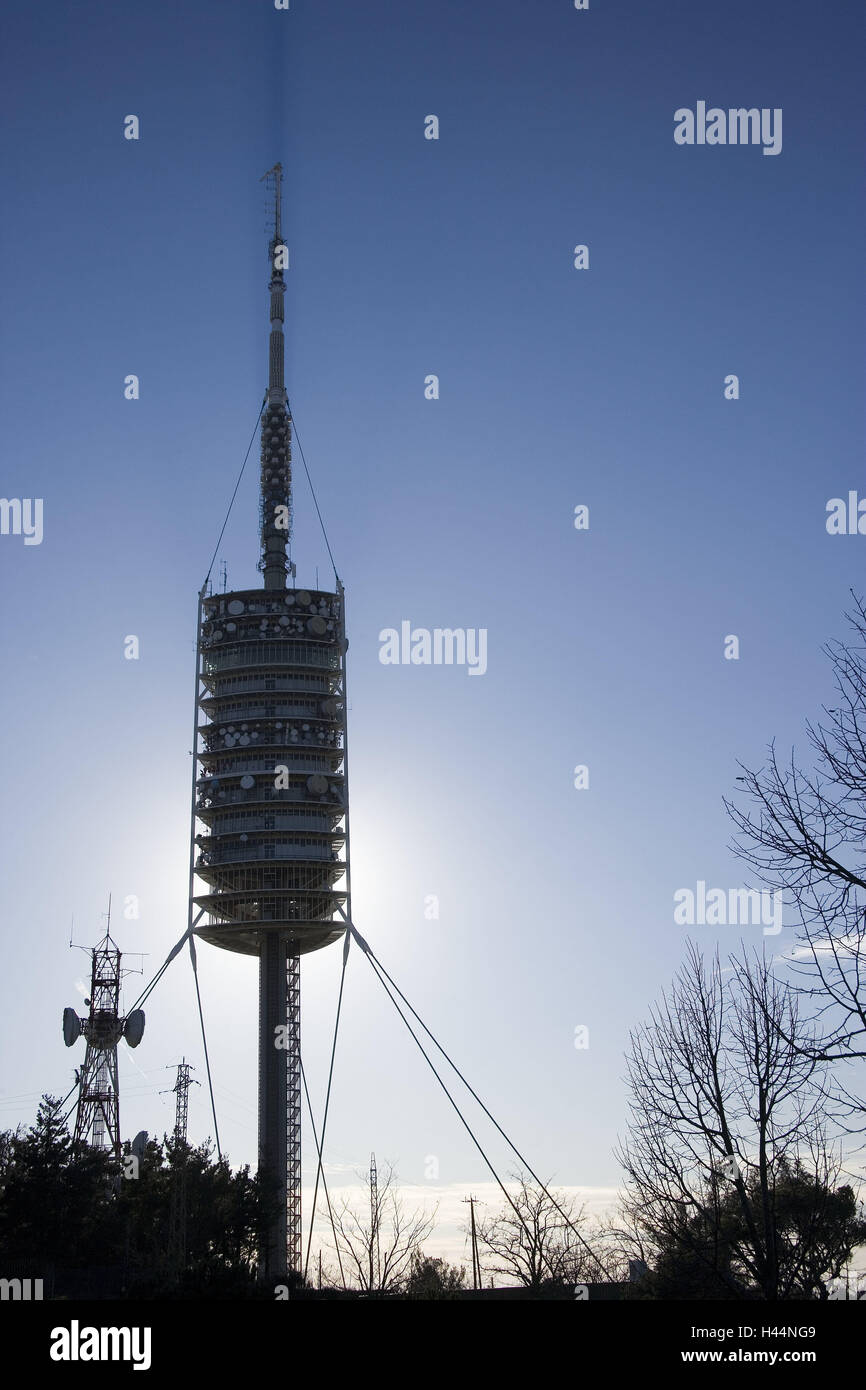 Spain, Catalonia, Barcelona, Torre de Collserola, town, building, structure, architecture, tower, Tibidabo, sending tower, radio tower, television tower, observation tower, Collserola tower, cords, power poles, trees, dusk, place of interest, outside, Stock Photo