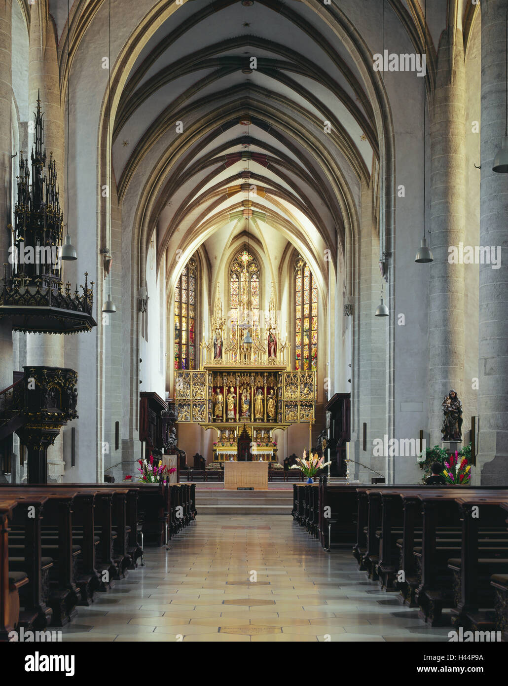 Germany, Bavaria, Eichstatt, cathedral, interior view, town, university town, church, inside, hall church, Late-Gothic, altar, chancel, middle shrine, high altar, east choir, couple, tourist, believers, sightseeing, place of interest, Stock Photo