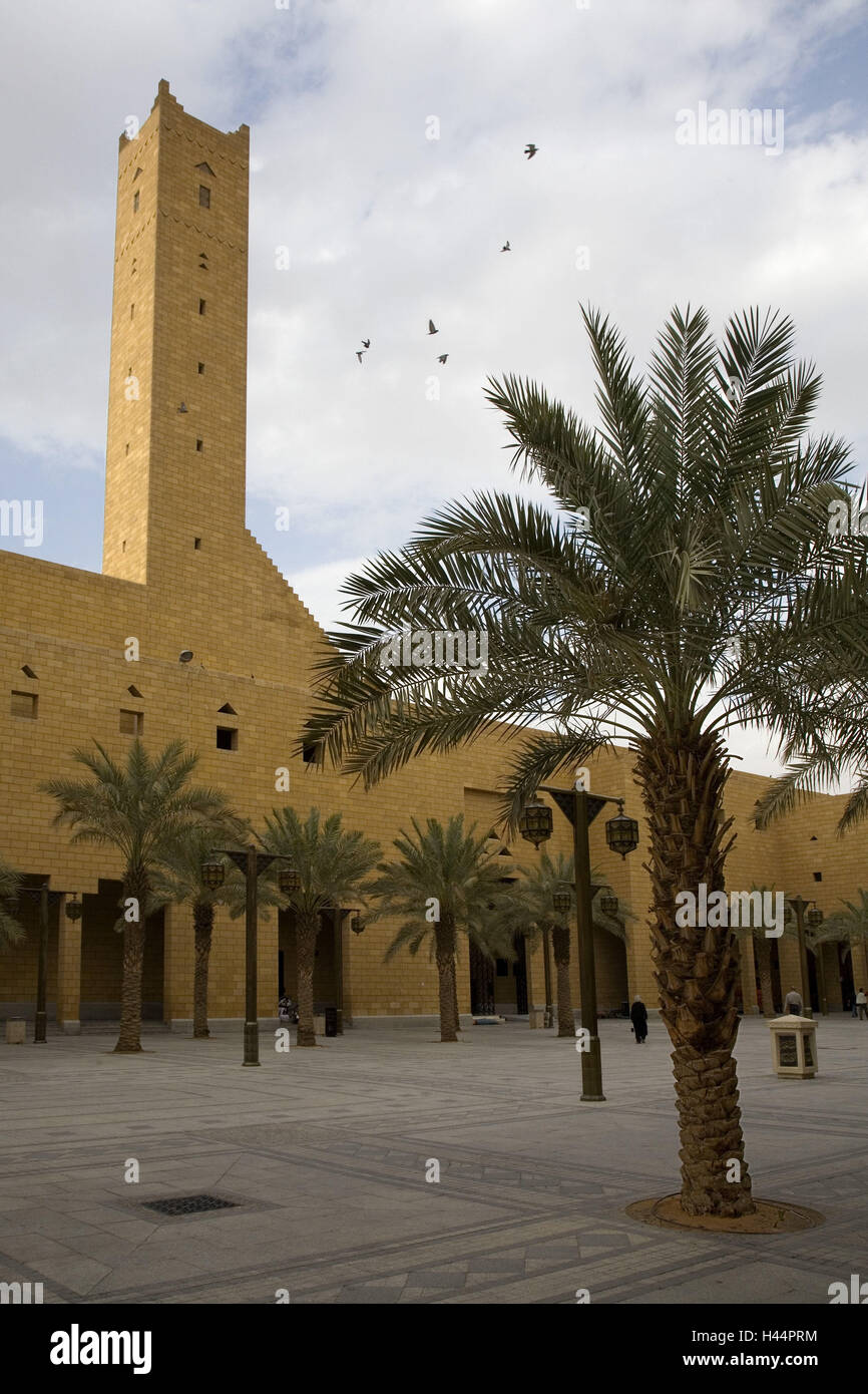 Saudi Arabia, Riyadh, building, tower, forecourt, palms, Stock Photo