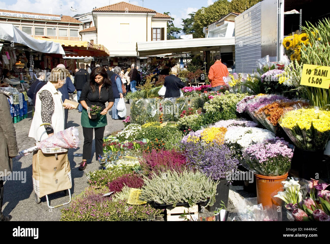 Italy, Northern Italy, Luino, market, flowers, passers-by, Stock Photo