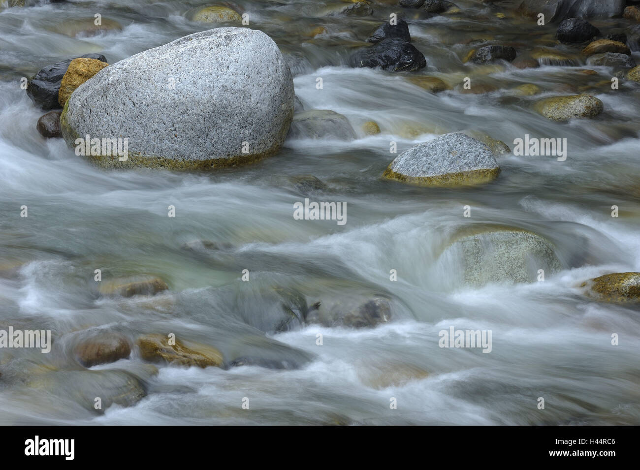 Switzerland, Graubuenden, land water, river, riverbed, stones, Stock Photo