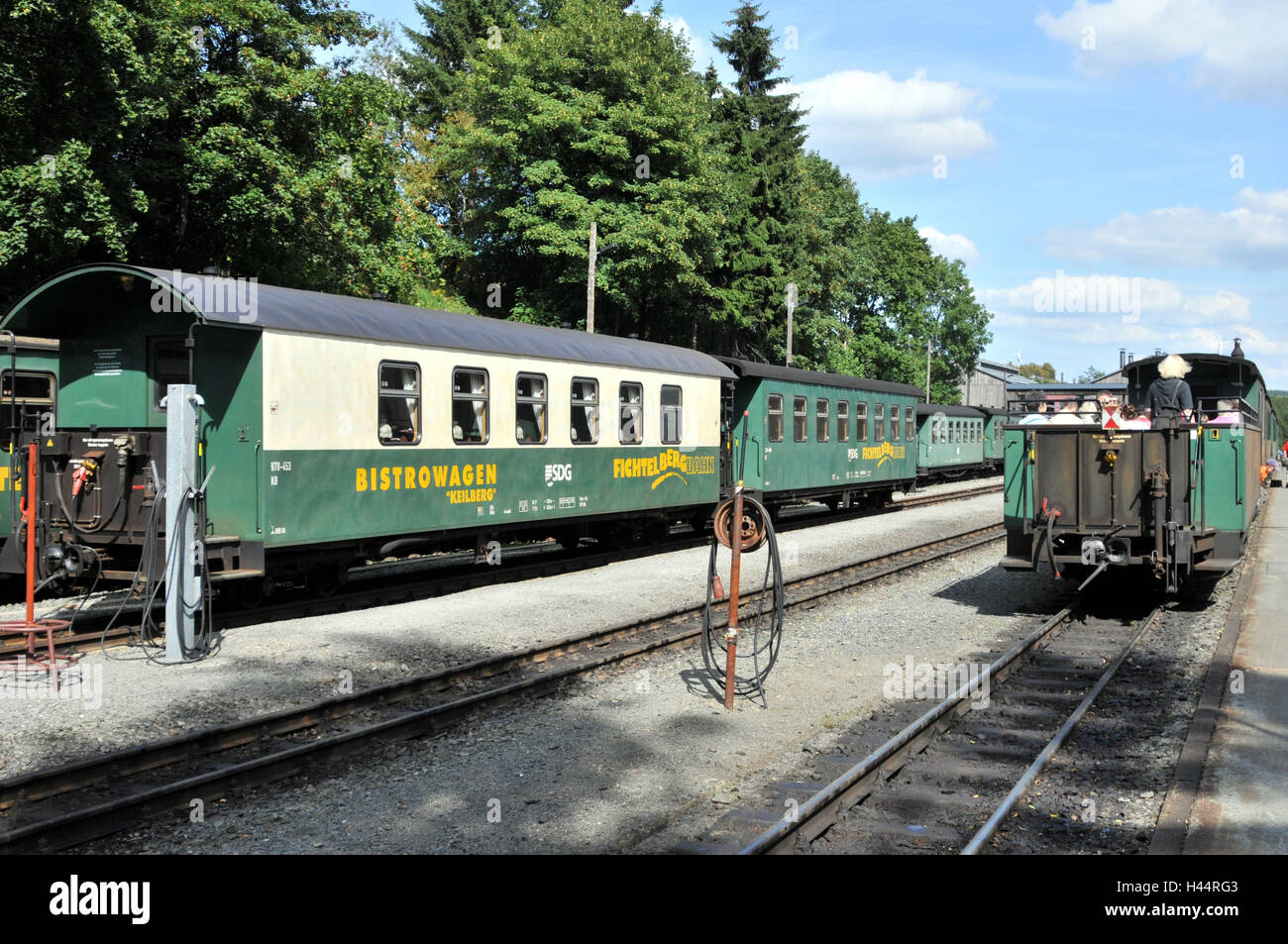 Railway station, carriages, health resort Oberwiesenthal, Saxony, Germany, Stock Photo