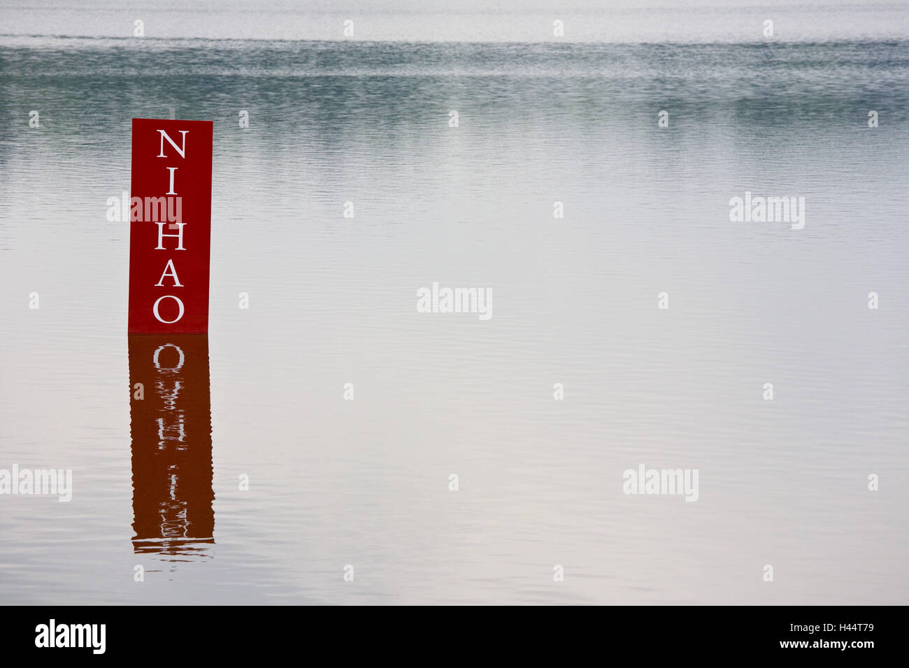 Water, sign, Ni Hao, HELLO, on in Chinese, Stock Photo