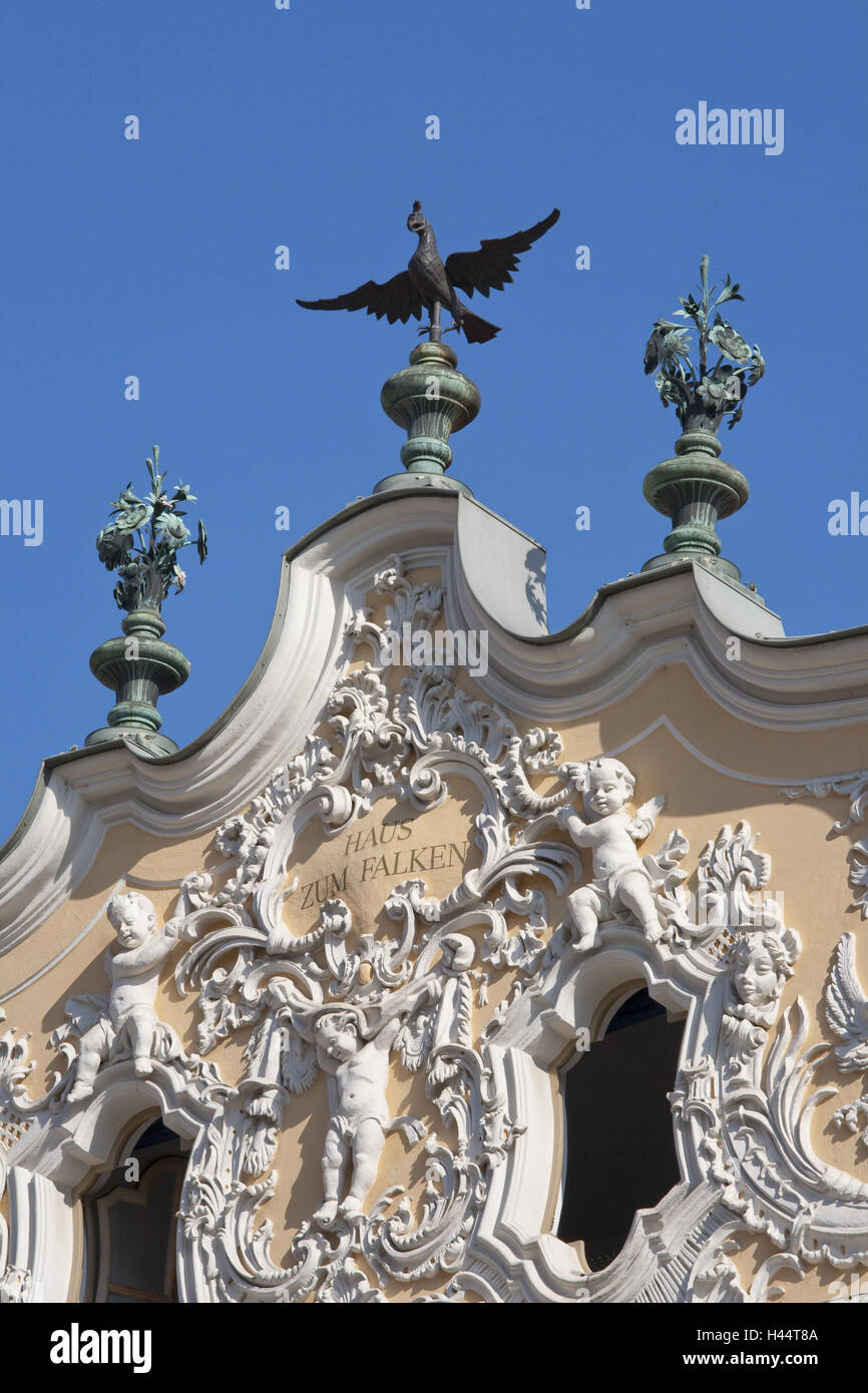 Stucco facade, falcon's house, detail, Wurzburg, Franconia, Bavaria, Germany, Stock Photo