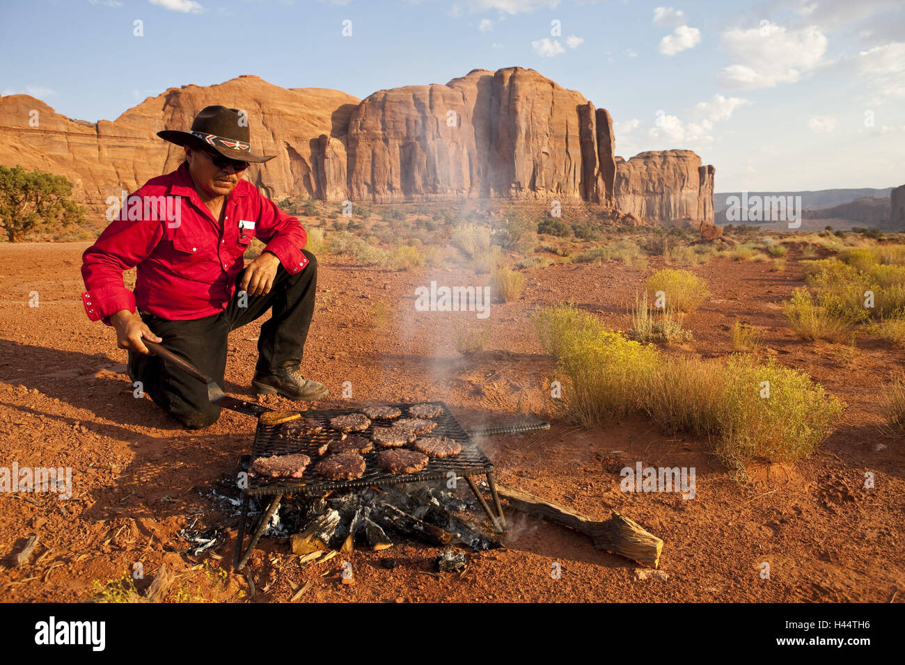 The USA, Arizona, Utah, Four corner region, Navajo nation reserve, Colorado plateau, monument Valley, Indian, campfire, barbecue, Stock Photo