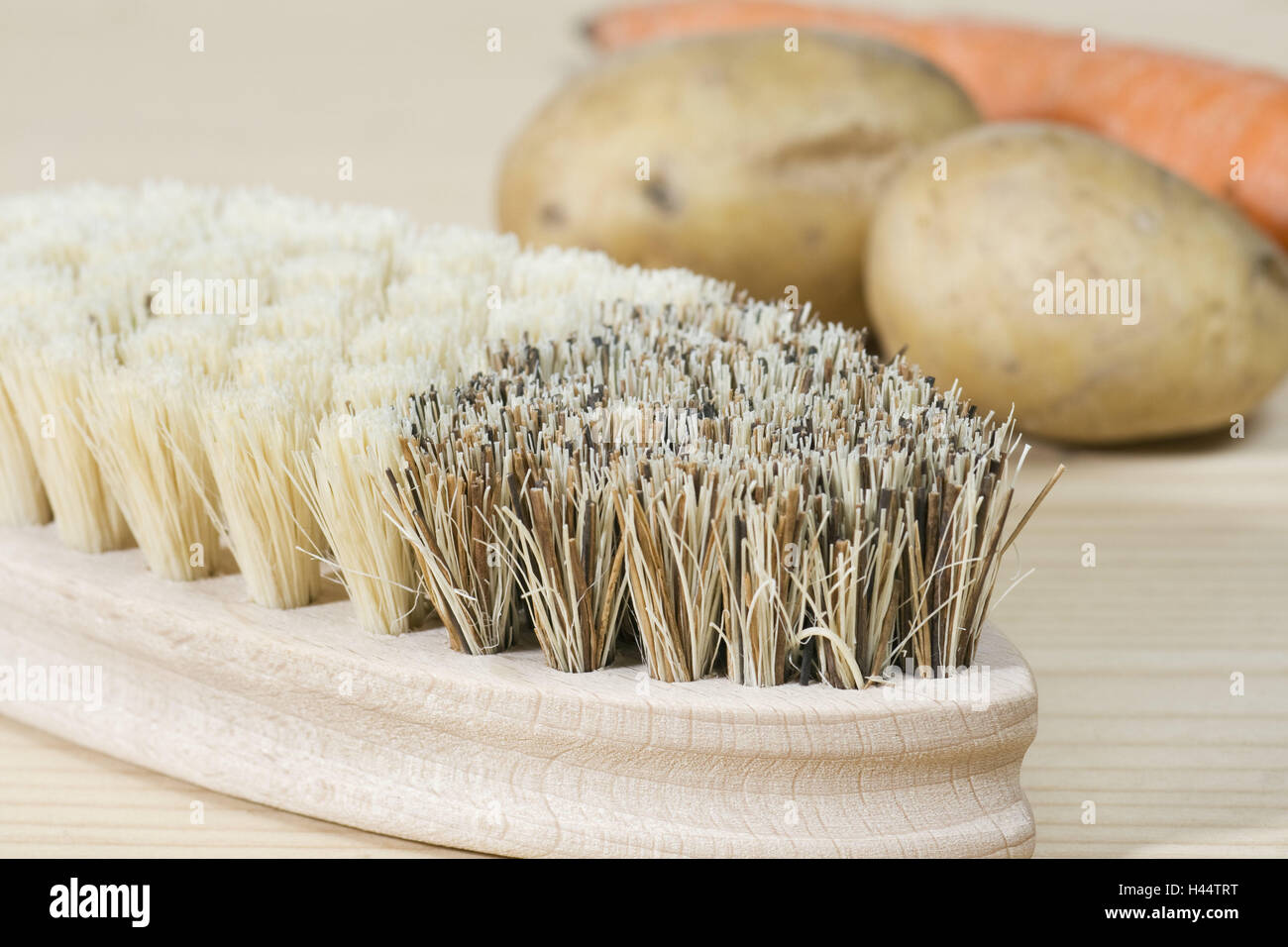wooden table, vegetable brush, potatoes, carrot, cuisine, household