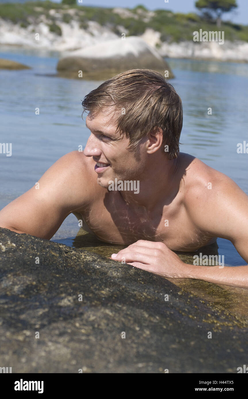 Man, young, rocks, water, portrait, Stock Photo
