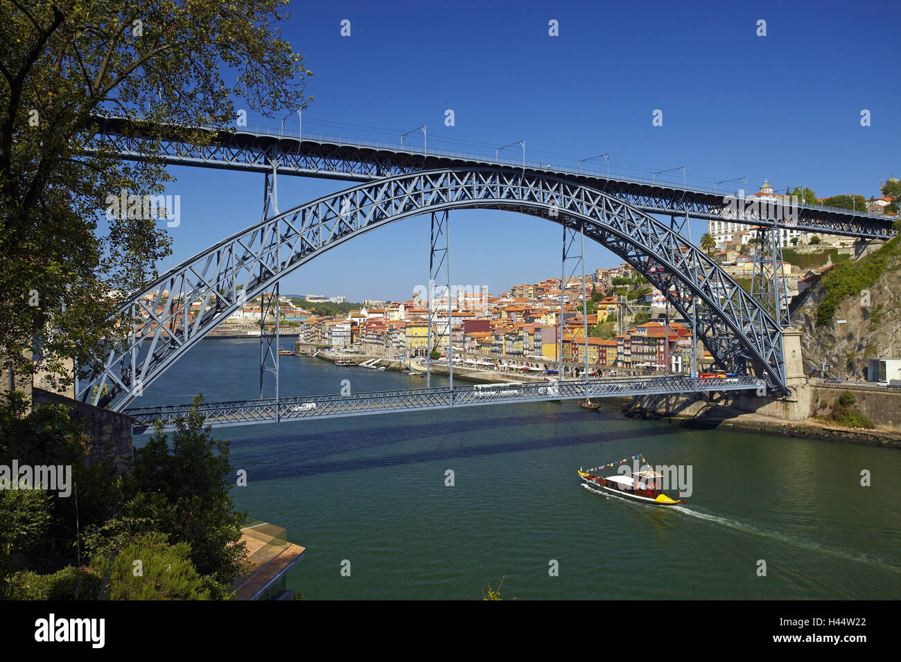 Portugal, postage, Old Town, Ponte de Don Luiz I, Rio Douro, excursion boat, Stock Photo