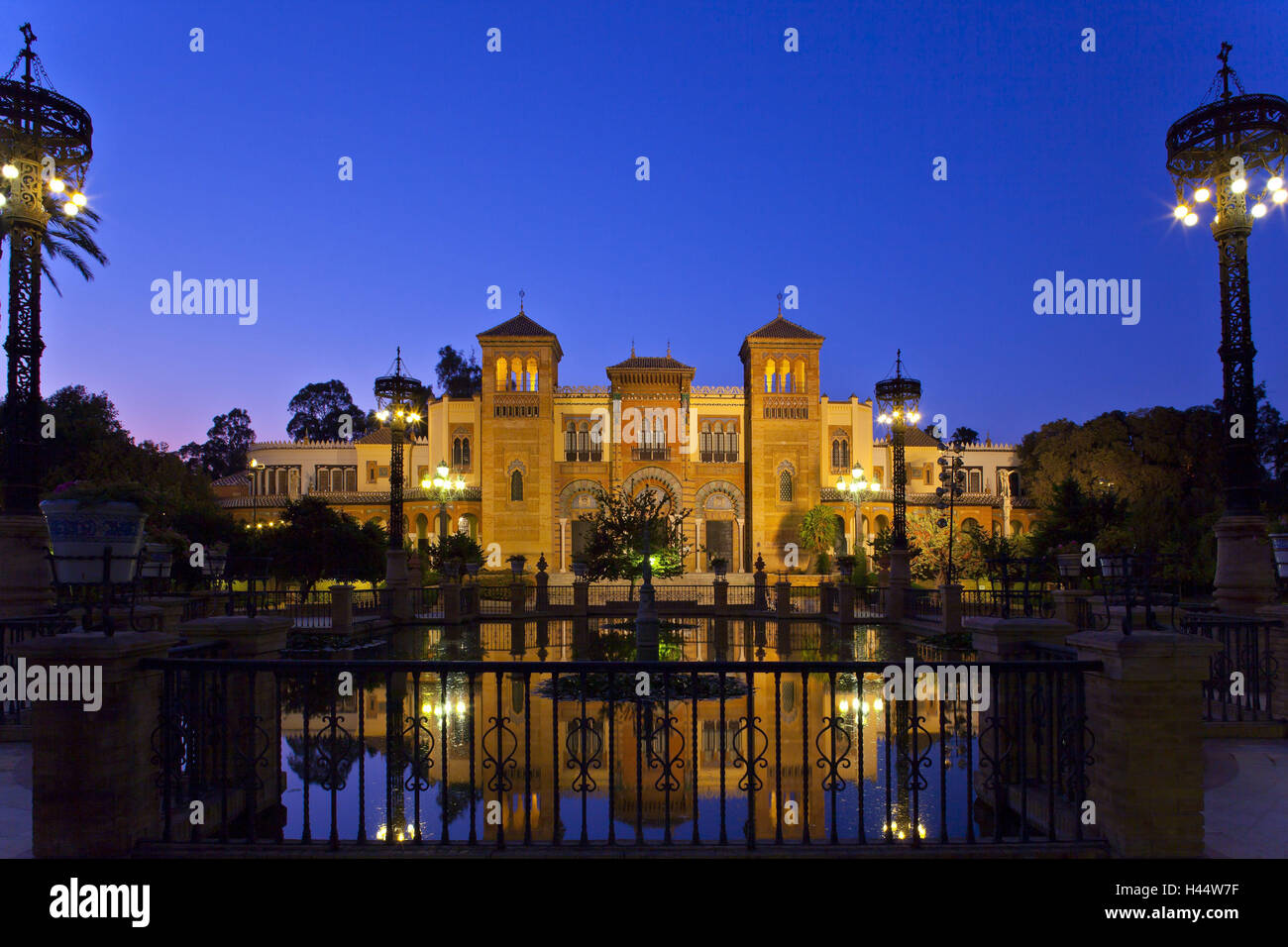 Spain, Andalusia, Seville, Parque de Maria Luisa, Palacio Mudejar, lighting, evening, Stock Photo