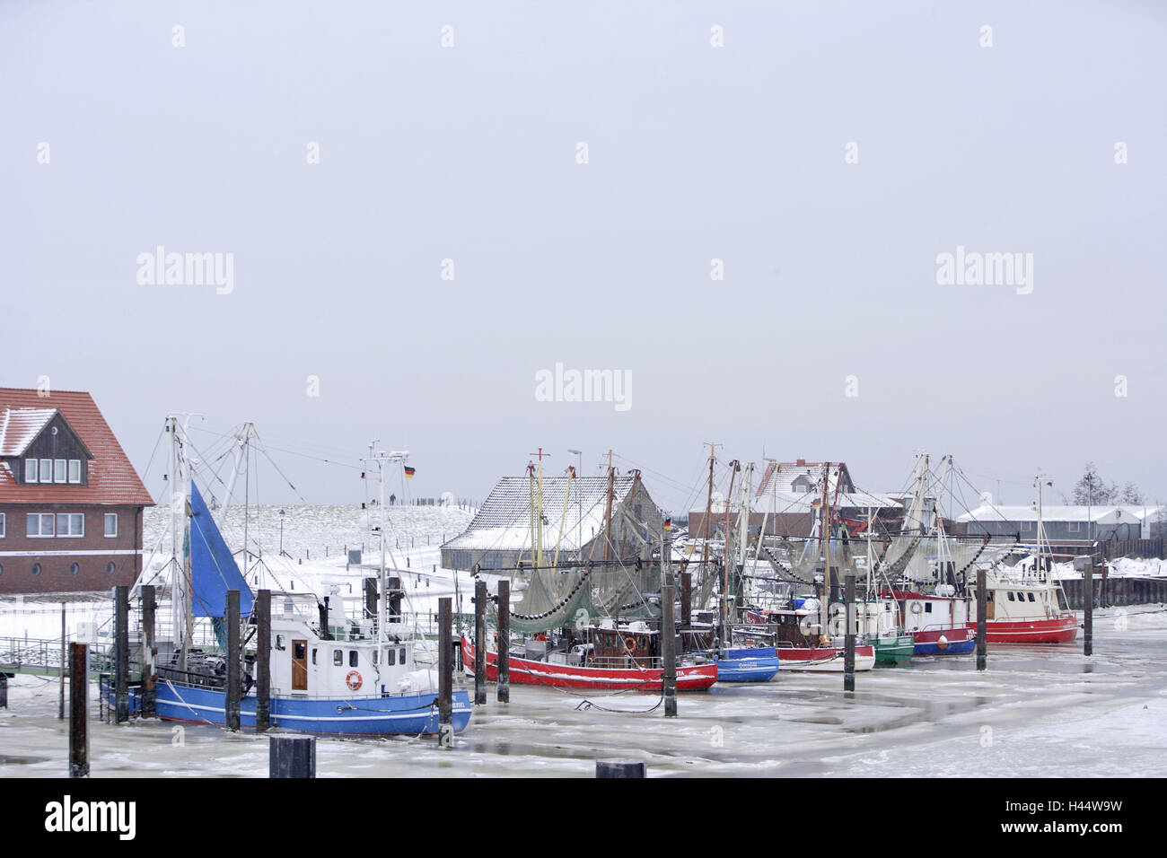 Germany, Lower Saxony, Butjadingen, fishing harbour, winter, fishing houses, houses, residential houses, harbour, landing stage, fishing boats, boots, fishing trawlers, season, cold, snow, ice cream, dyke, coast, iceboundly, bay, crab cutter, angling, North Germany, fishing port, Stock Photo