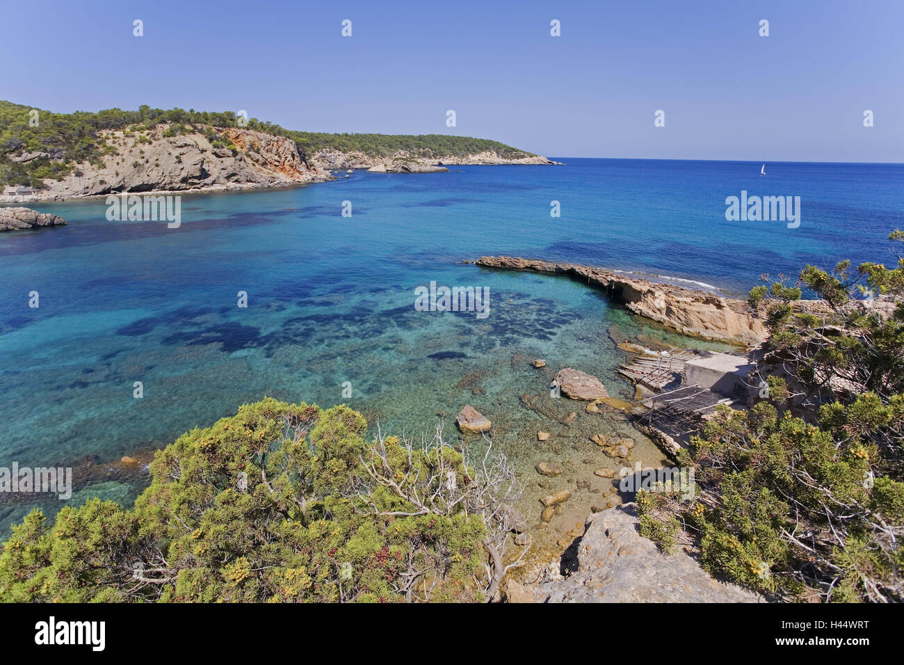 Spain, the Balearic Islands, Portinax, Cala Xarraca, Ibiza, resort, island, bay, the Mediterranean Sea, sea, waters, turquoise, scenery, vacation, horizon, nobody, Stock Photo