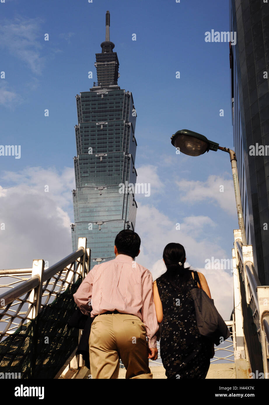 Couple, stairs, heaven, clouds, Taipei 101 Tower, skyscrapers, Taipeh, Taiwan, Stock Photo