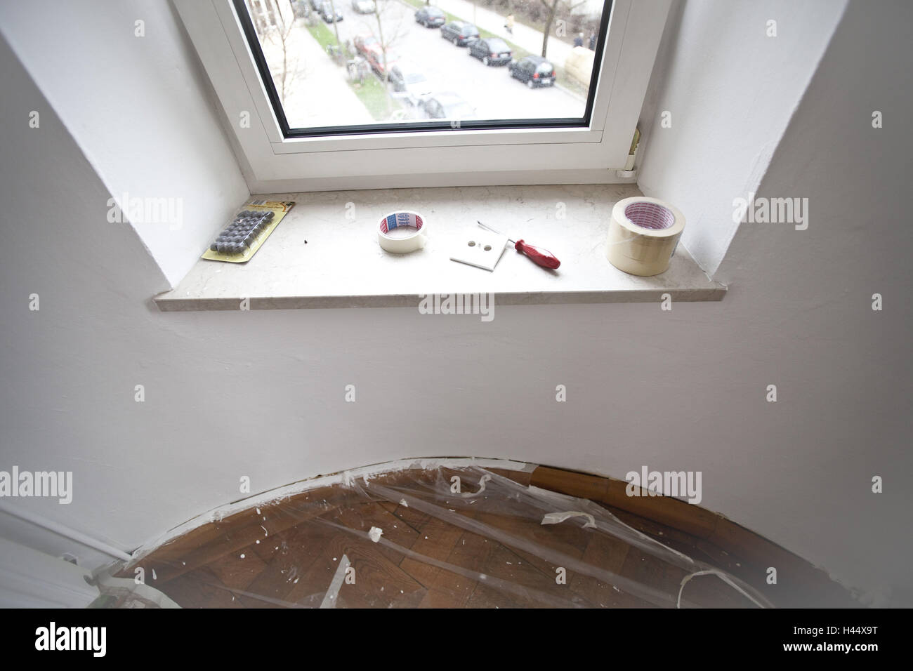 Painter's implements, adhesive tape, windowsill, floor, plastic cover, interior, Stock Photo