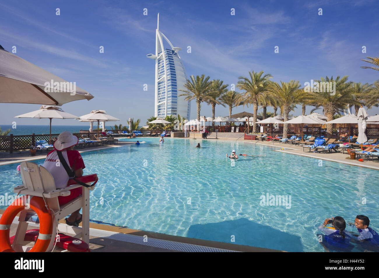 United Arab Emirates, Dubai, Burj Al Arab, pool, Madinat, bathers, Stock Photo