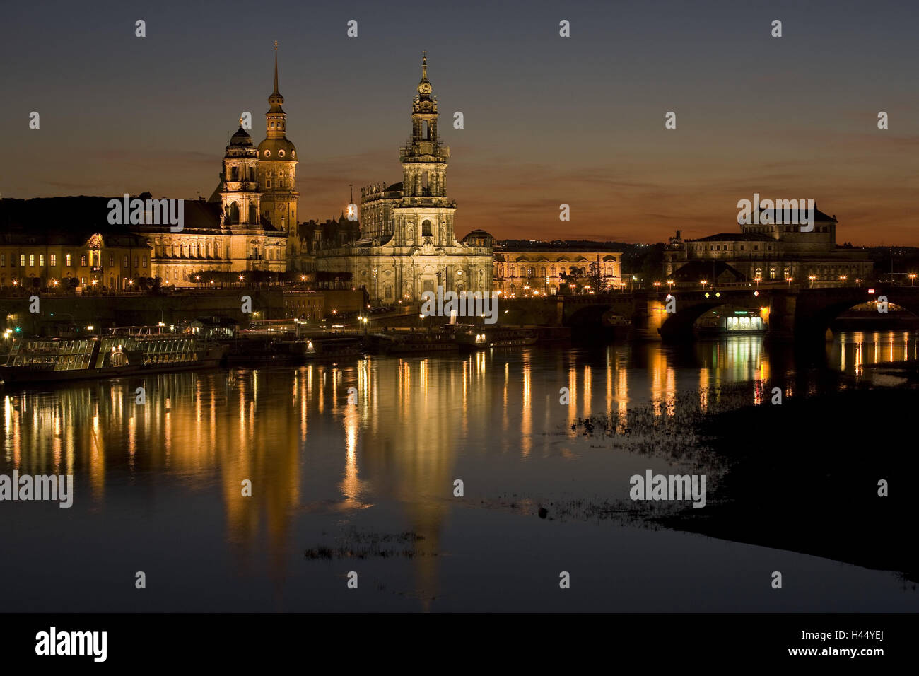 Germany, Saxony, Dresden, Old Town, panorama, the Elbe, lights, mirroring, night, Stock Photo
