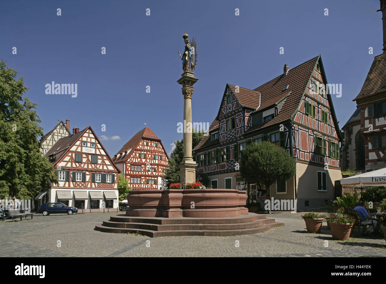Germany, Baden-Wurttemberg, shop castle, marketplace, Marien's pillar, half-timbered houses, Stock Photo
