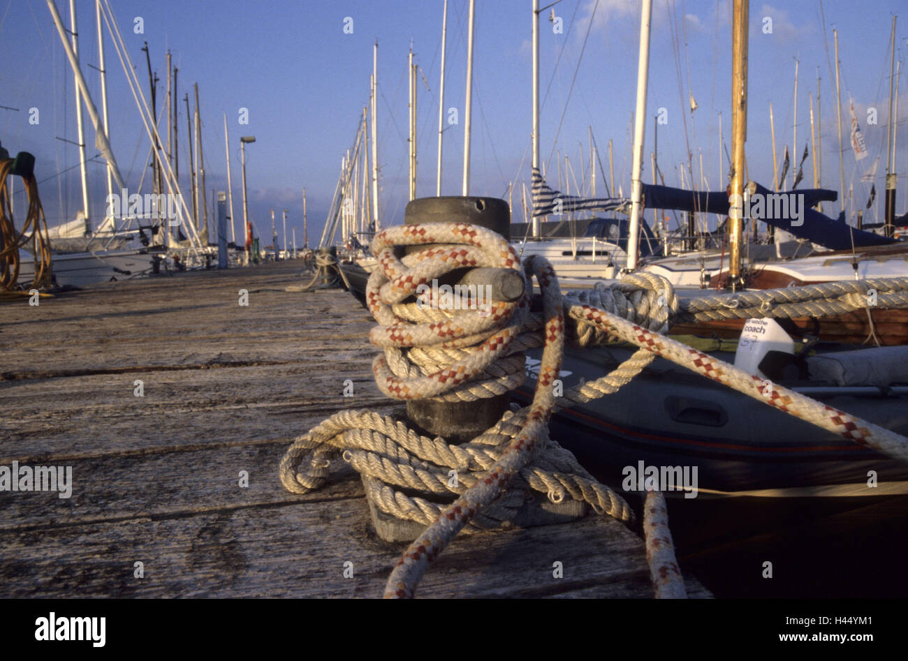 Germany, Kiel, Schilksee, Olympic harbour, Kiel week, ropes, evening ...