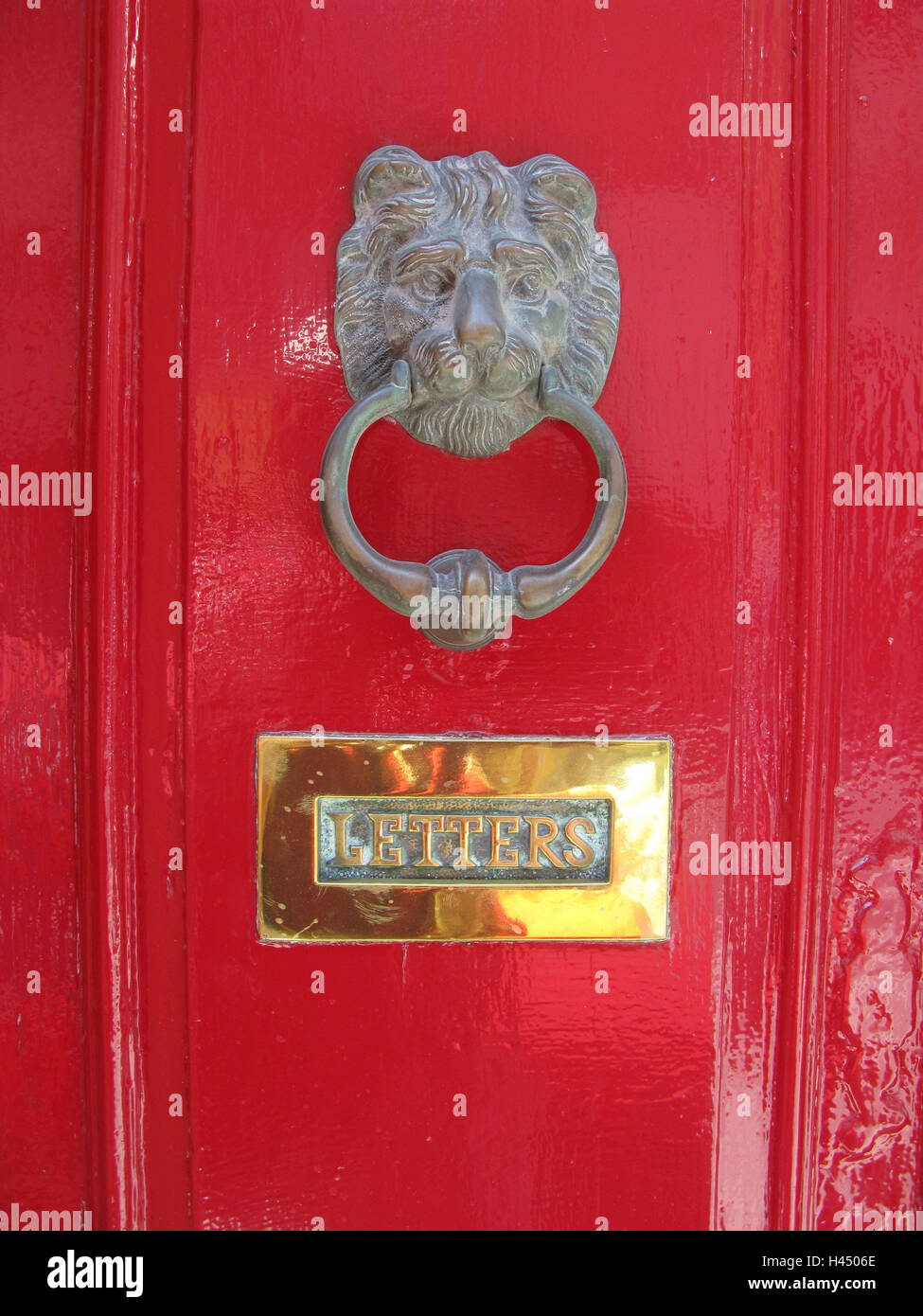 Front door, red, detail, door handle, lion, letter slot, "Letters