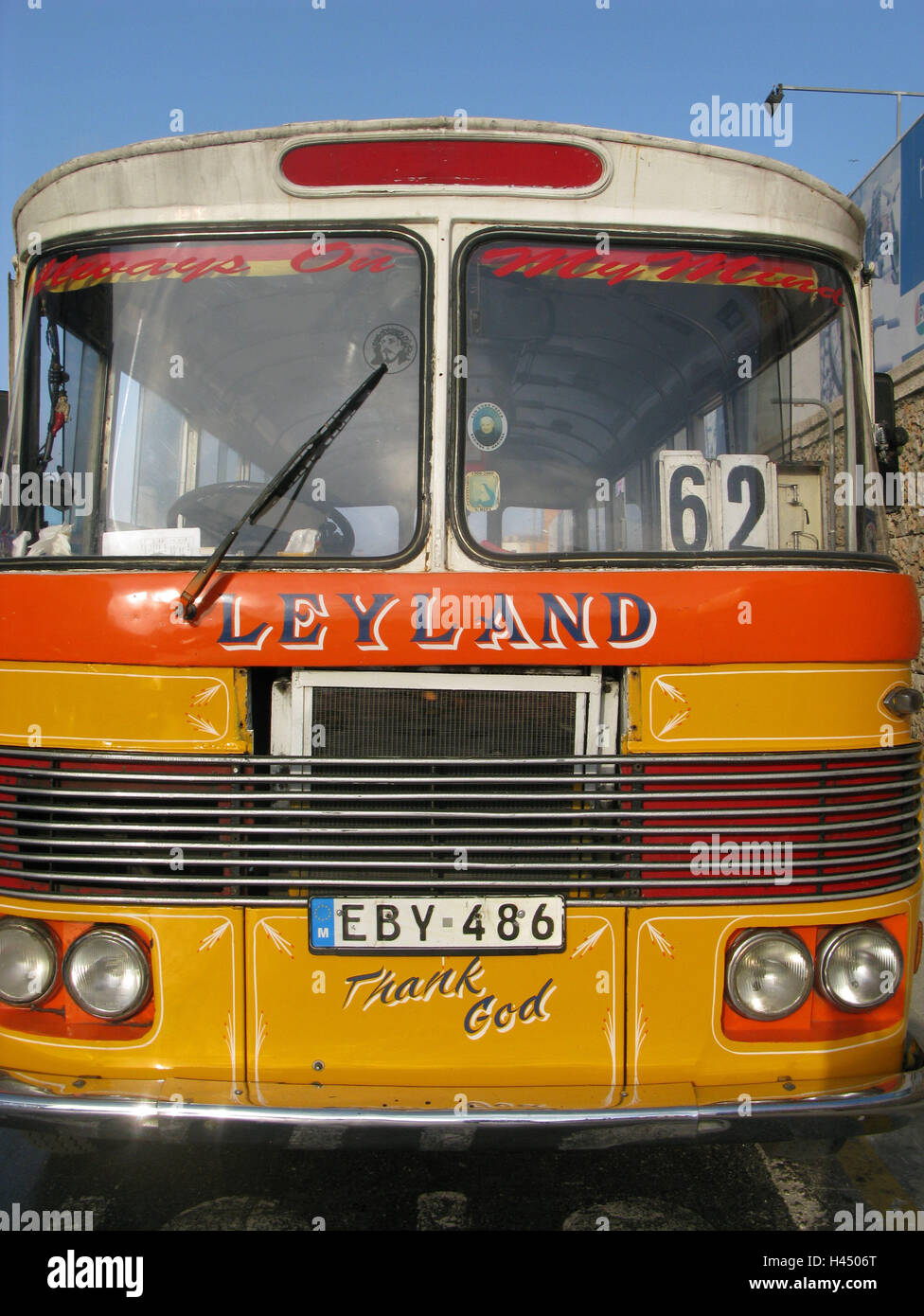 Bus, detail, radiator grille, number plate, stroke, Leyland, no property release, vehicle, means transportation, publicly, regular bus, bus traffic, short-distance traffic, transport, personal transport, promotion, transportation human beings, tourism, vehicle mark, old-timer, yellow, Malta, coach, Stock Photo