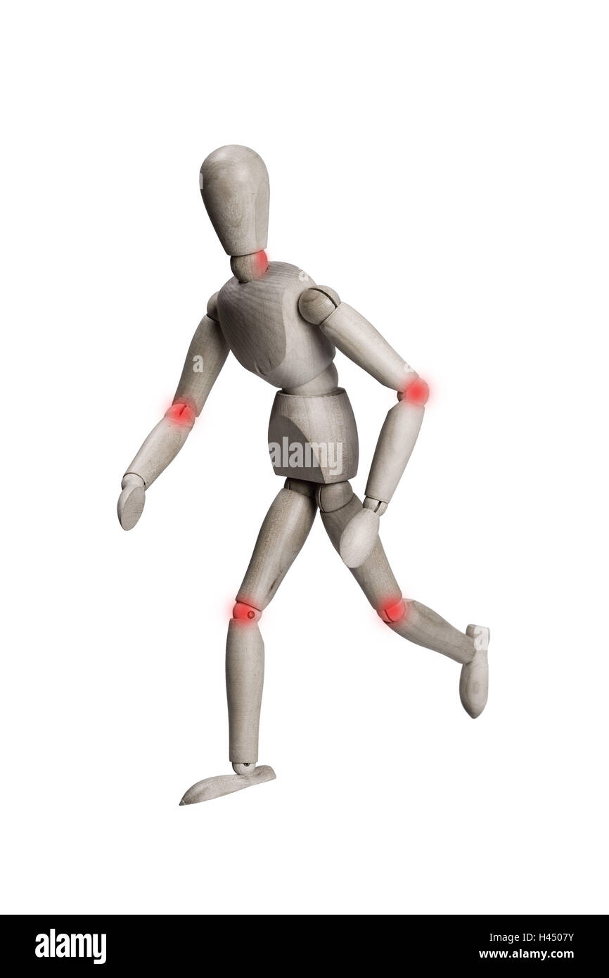 Gliederpuppe, symbol, running, joint-trouble, series, artist-doll doll wood-doll figure pose, concept, pains, unpleasantly, ailments, illness, joints, joint-pains, trouble, red, Artrose, movement, movement-pains, still life, studio, cut-out, Stock Photo
