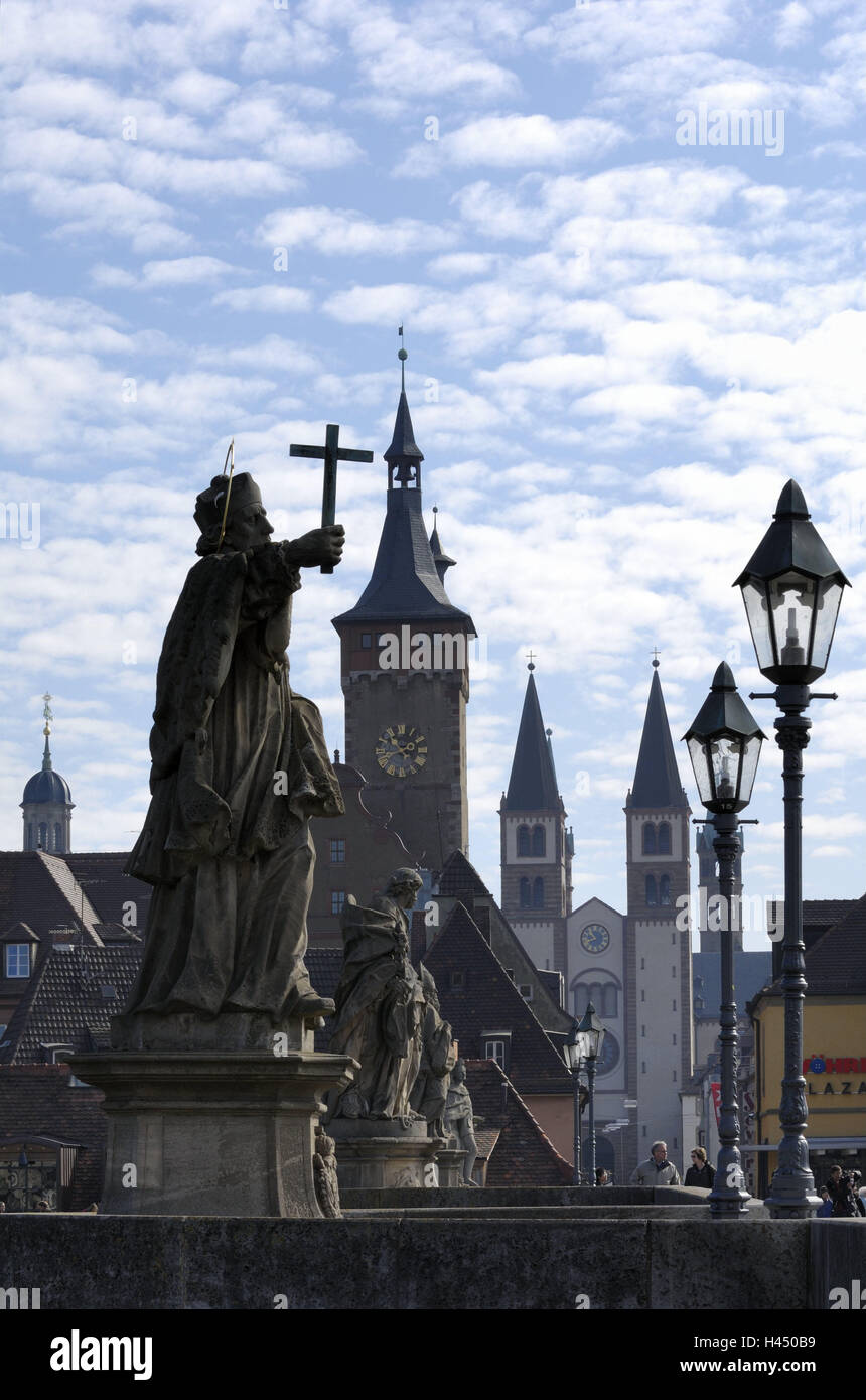 Germany, Bavaria, Lower Franconia, Wurzburg, old Main bridge, saint Nepomuk, outside, Christianity, figures of a saint, characters, saints, artwork, lanterns, city hall, statues, culture, person, place of interest, sculptures, town, town view, cathedral, Stock Photo