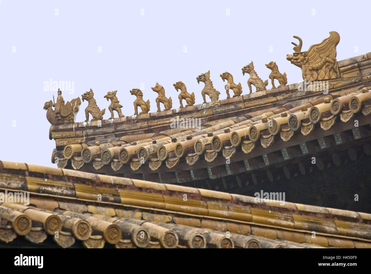 China, Peking, Forbidden City, imperial palace, detail, grace note, roof, dragon, golden, Asia, Eastern Asia, town, capital, palace, Gugong, culture, building, structure, architecture, place of interest, culture, tourism, art, figures, Stock Photo
