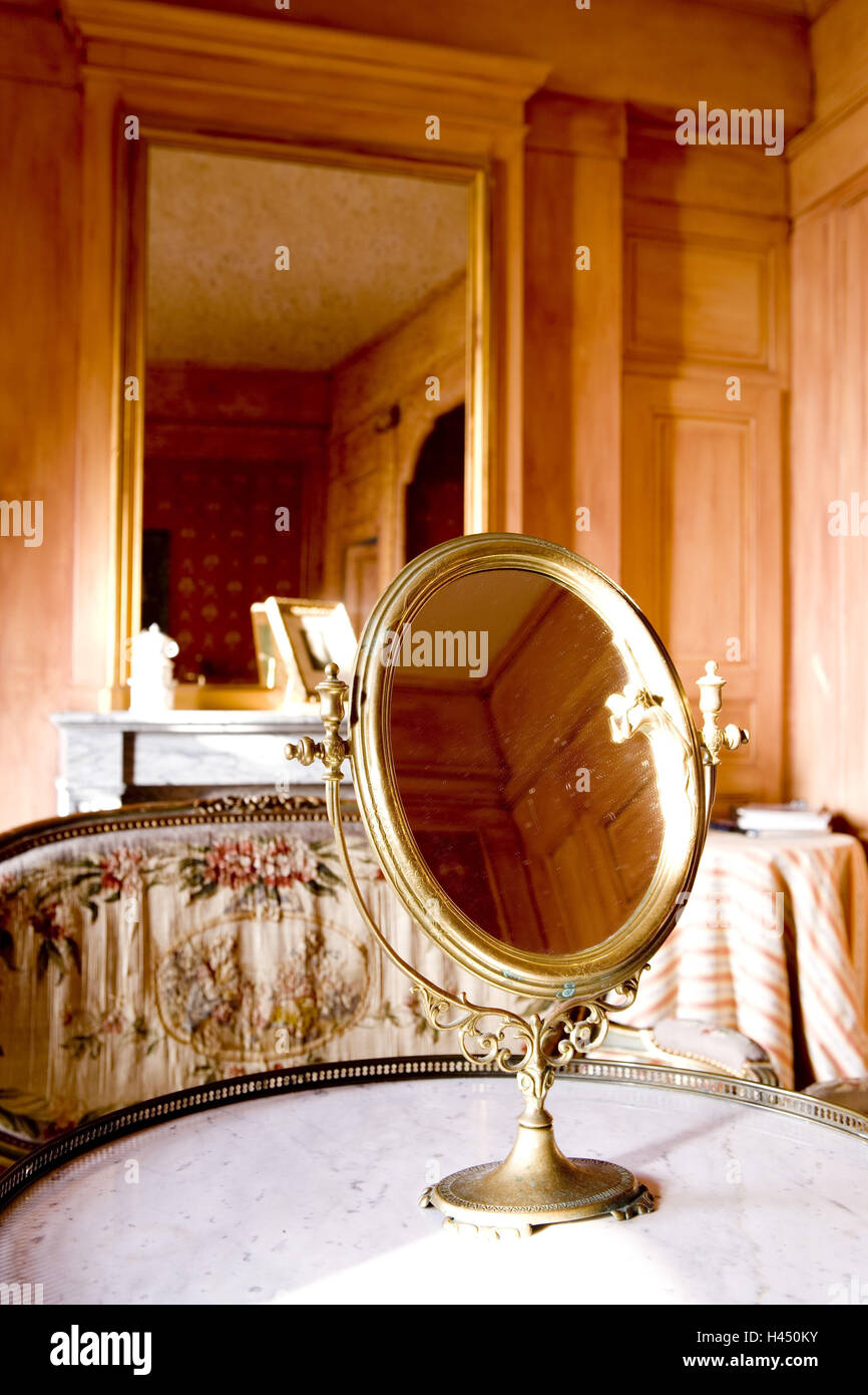 Chateau de Pramenoux, red parlour, interior, mirror Stock Photo Alamy