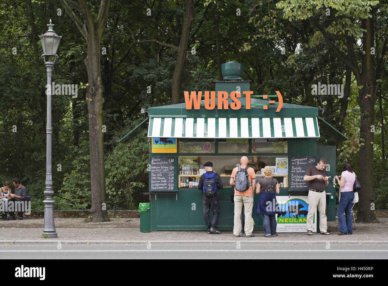 Germany, Berlin, Paris space, snack booth, tourist, town, building, snack, sausage, Almost Food, kiosk, Würstelstand, sales booth, sales, street sales, person, outside, lantern, no model release, Stock Photo