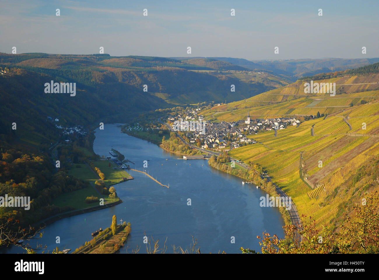 Germany, Rhineland-Palatinate, the Moselle, Traben-Trarbach, view from the castle Greven, vineyards, autumn, Stock Photo