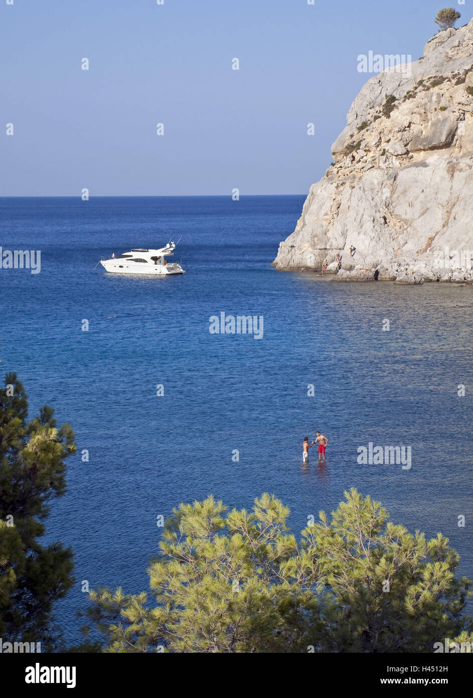 A boat anchors in front of the Anthony Quinn bay, island Rhodes, Greece, Southern, Europe, Europe, tourist, no model release, Stock Photo