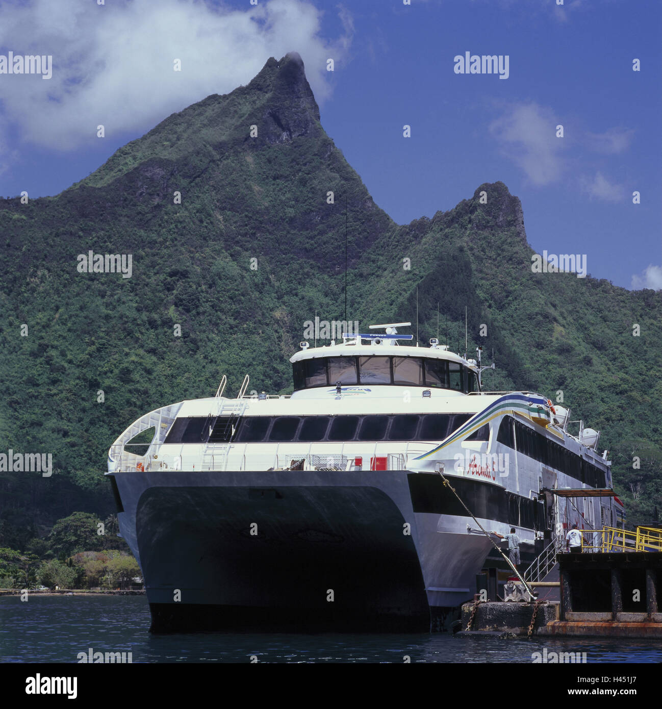 French Polynesia, Moorea, Baia Tu Vaiare, harbour, ferryboat, jetty, ship, ferry, ship, navigation, tourism, destination, Stock Photo