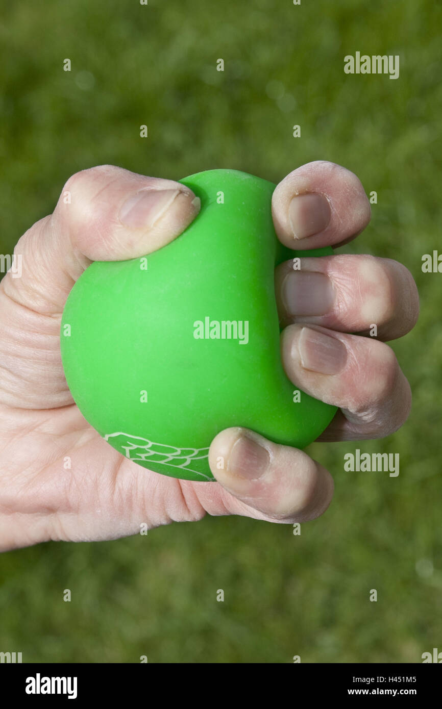 Hand, training ball, green, hold, crush, Stock Photo