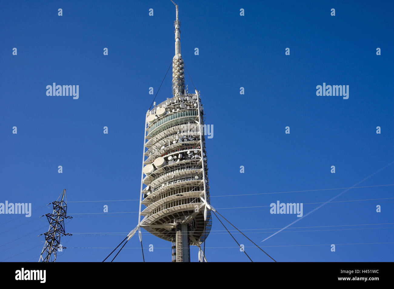 Spain, Catalonia, Barcelona, Torre de Collserola, detail, heaven, town, building, structure, architecture, tower, Tibidabo, sending tower, radio tower, television tower, observation tower, Collserola tower, cords, high-tension circuits, power poles, power supply lines, place of interest, outside, Stock Photo